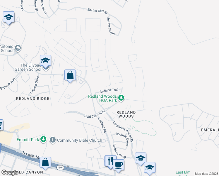 map of restaurants, bars, coffee shops, grocery stores, and more near 2855 Redland Trail in San Antonio