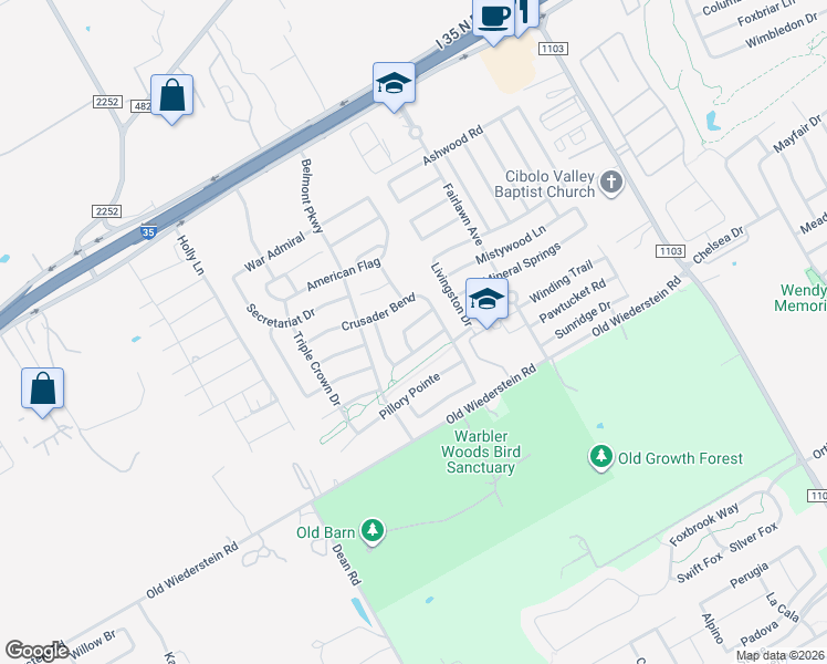 map of restaurants, bars, coffee shops, grocery stores, and more near 2628 Hansel Heights in Schertz