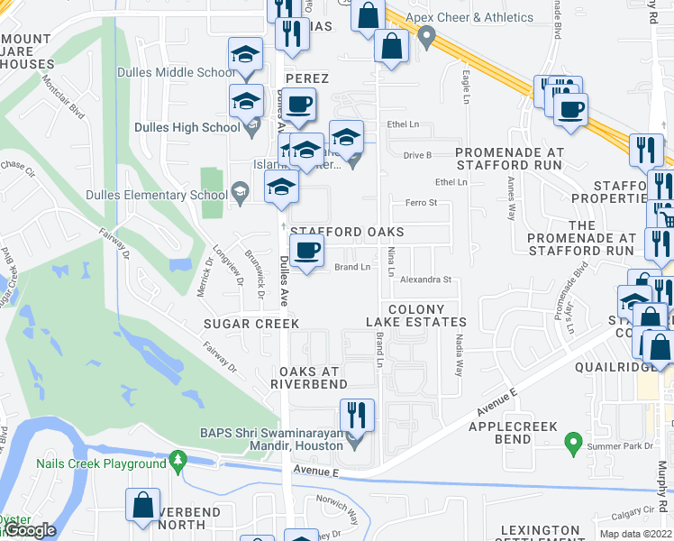map of restaurants, bars, coffee shops, grocery stores, and more near 833 Brand Lane in Stafford