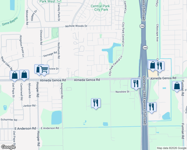 map of restaurants, bars, coffee shops, grocery stores, and more near 12727 Oaks Wood Lane in Houston