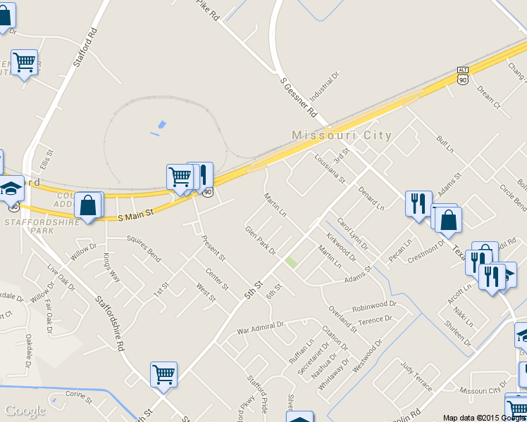 map of restaurants, bars, coffee shops, grocery stores, and more near 1915 Glen Park Dr in Missouri City