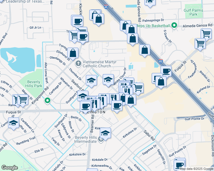 map of restaurants, bars, coffee shops, grocery stores, and more near 10620 Sabo Road in Houston