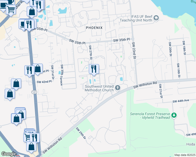 map of restaurants, bars, coffee shops, grocery stores, and more near 3911 Southwest 27th Street in Gainesville