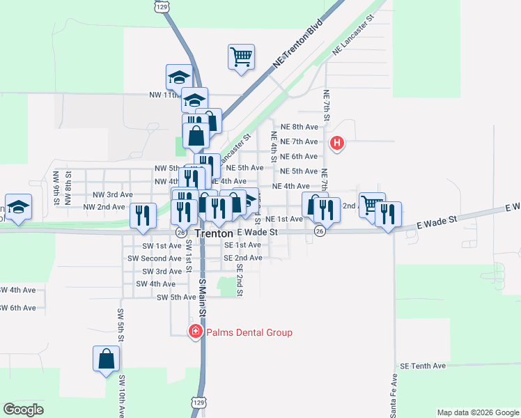 map of restaurants, bars, coffee shops, grocery stores, and more near 115 NE 3rd St in Trenton