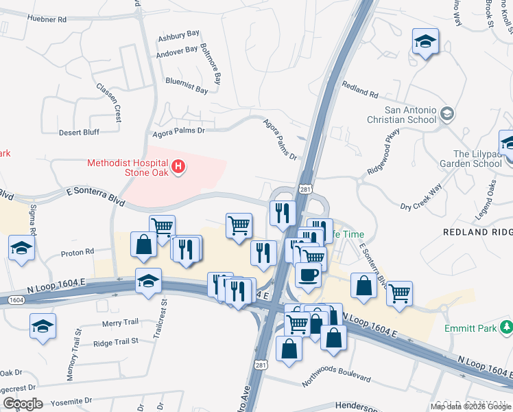 map of restaurants, bars, coffee shops, grocery stores, and more near 1838 East Sonterra Boulevard in San Antonio