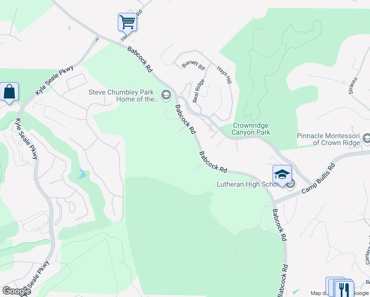 map of restaurants, bars, coffee shops, grocery stores, and more near 18385 Babcock Road in San Antonio