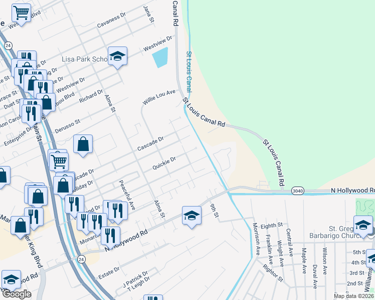 map of restaurants, bars, coffee shops, grocery stores, and more near 700-798 Quickie Drive in Houma