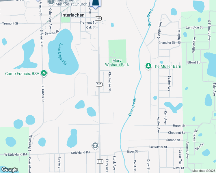 map of restaurants, bars, coffee shops, grocery stores, and more near 117 Chickadee Street in Interlachen