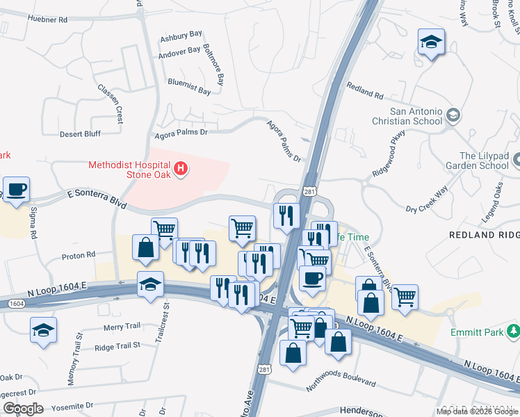 map of restaurants, bars, coffee shops, grocery stores, and more near 1838 East Sonterra Boulevard in San Antonio