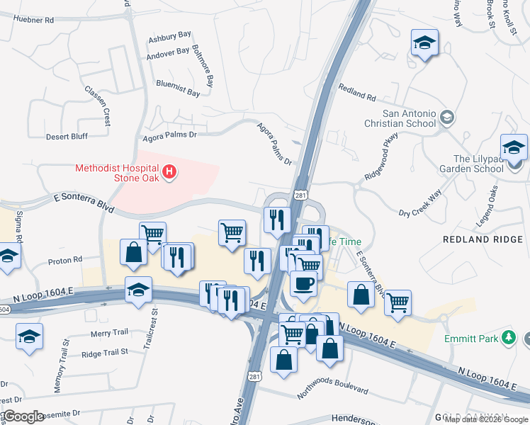map of restaurants, bars, coffee shops, grocery stores, and more near 1838 East Sonterra Boulevard in San Antonio