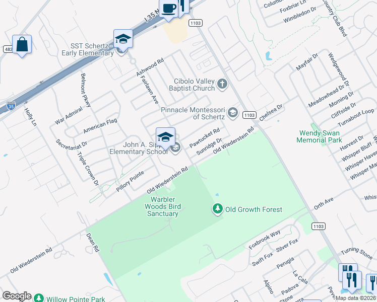 map of restaurants, bars, coffee shops, grocery stores, and more near 2900 Pawtucket Road in Cibolo