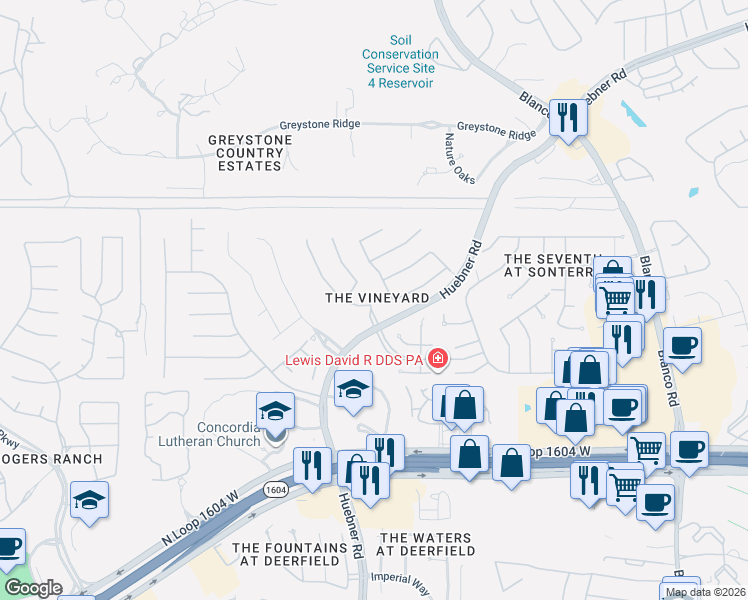 map of restaurants, bars, coffee shops, grocery stores, and more near 1811 Vía Compagna in San Antonio