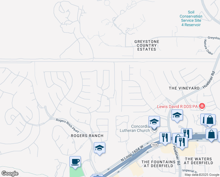 map of restaurants, bars, coffee shops, grocery stores, and more near 18718 Rogers Pass in San Antonio