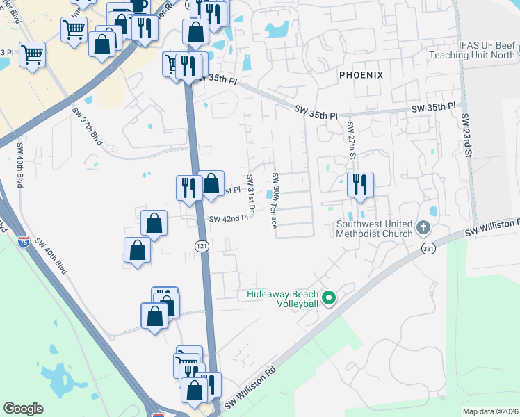 map of restaurants, bars, coffee shops, grocery stores, and more near 3902 Southwest 30th Terrace in Gainesville