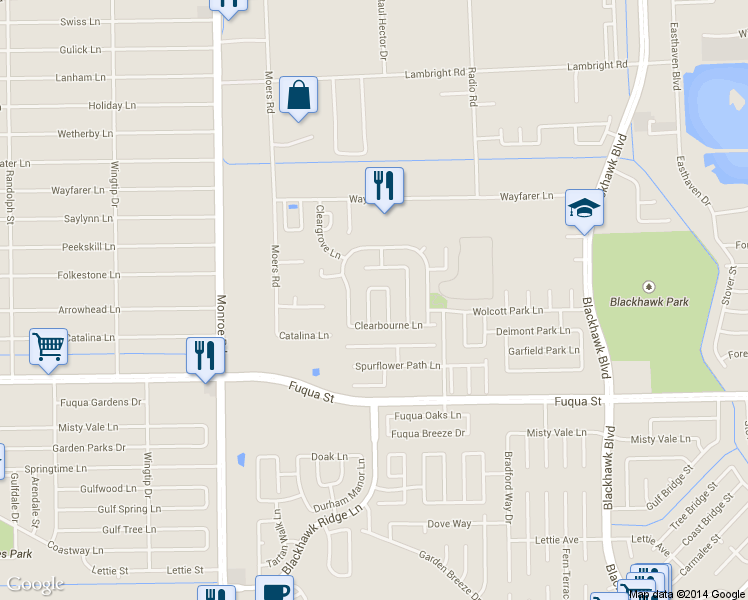 map of restaurants, bars, coffee shops, grocery stores, and more near 10402 Bentondale Lane in Houston