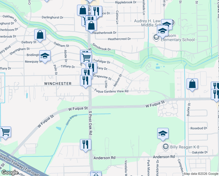 map of restaurants, bars, coffee shops, grocery stores, and more near 5228 Fuqua Gardens View Road in Houston