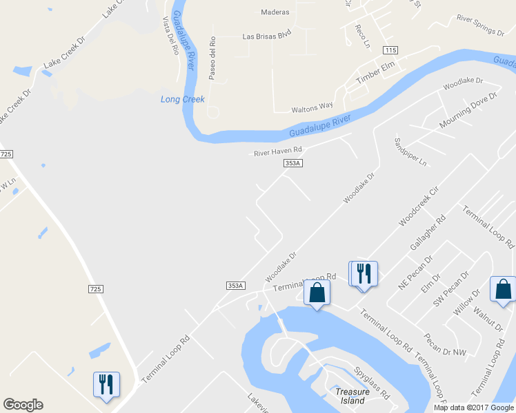 map of restaurants, bars, coffee shops, grocery stores, and more near 628 Happy Haven Road in McQueeney