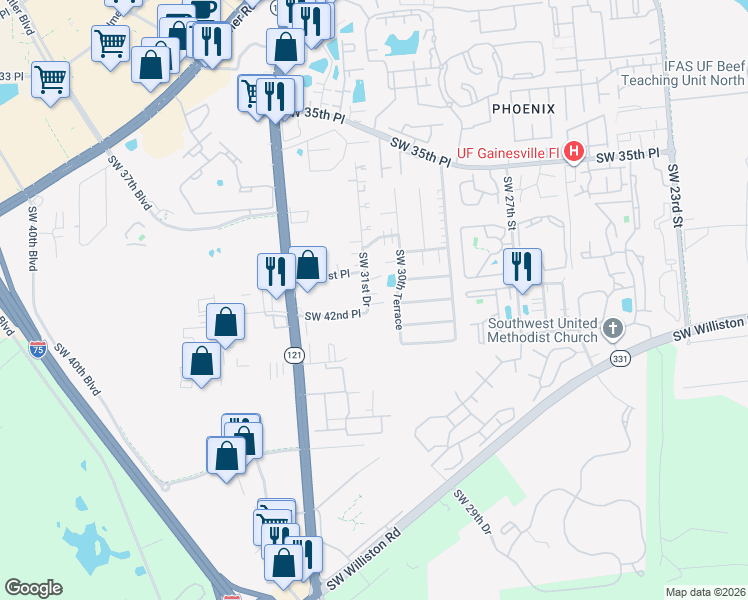 map of restaurants, bars, coffee shops, grocery stores, and more near 3902 Southwest 30th Terrace in Gainesville