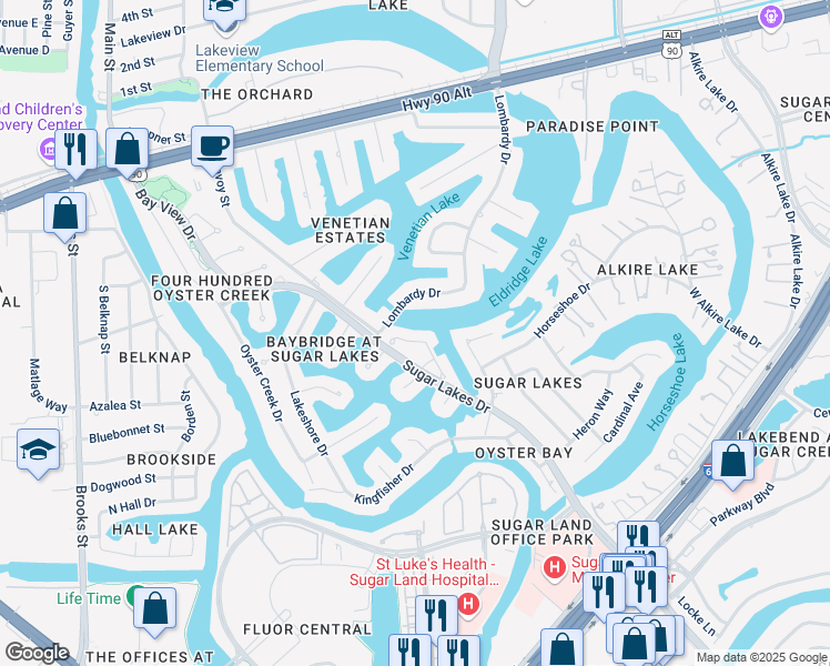 map of restaurants, bars, coffee shops, grocery stores, and more near 827 Harbour Place in Sugar Land