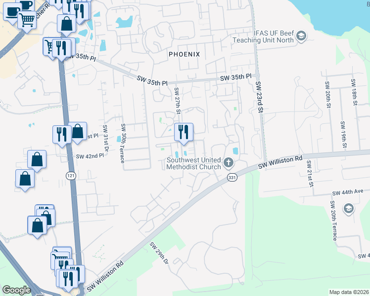 map of restaurants, bars, coffee shops, grocery stores, and more near 3911 Southwest 27th Street in Gainesville