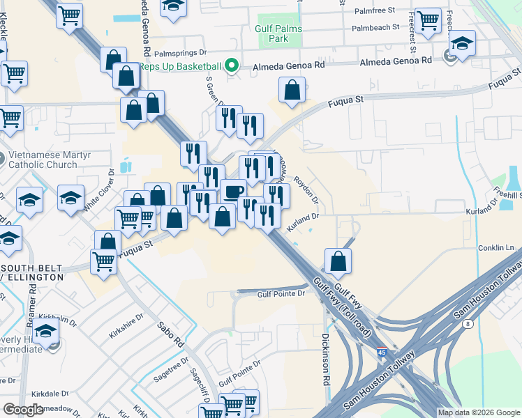 map of restaurants, bars, coffee shops, grocery stores, and more near 12809 Gulf Freeway in Houston