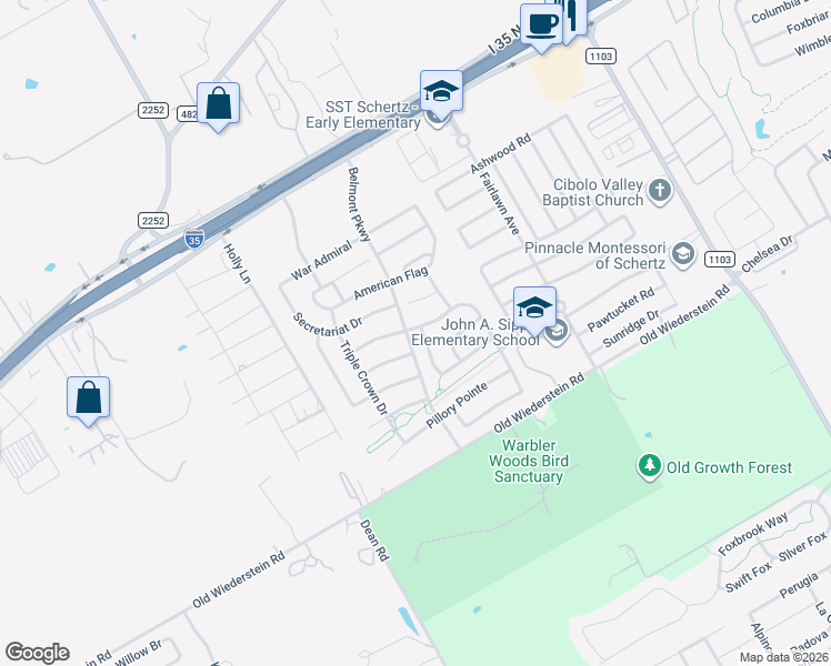 map of restaurants, bars, coffee shops, grocery stores, and more near 536 Celtic Ash Run in Schertz