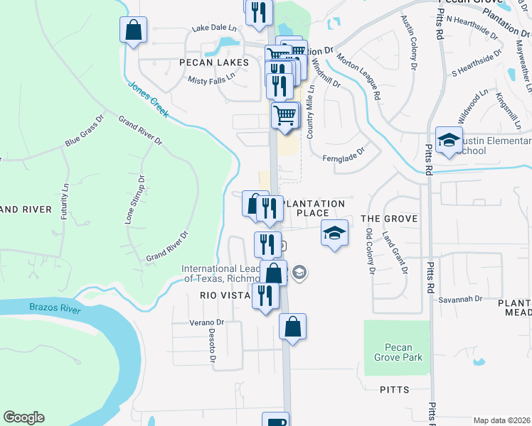 map of restaurants, bars, coffee shops, grocery stores, and more near 1385 Farm to Market 359 in Richmond