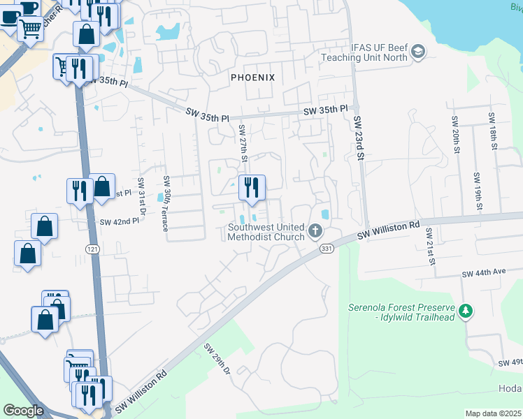 map of restaurants, bars, coffee shops, grocery stores, and more near 3911 Southwest 27th Street in Gainesville