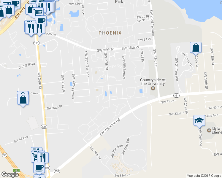 map of restaurants, bars, coffee shops, grocery stores, and more near 3911 Southwest 27th Street in Gainesville