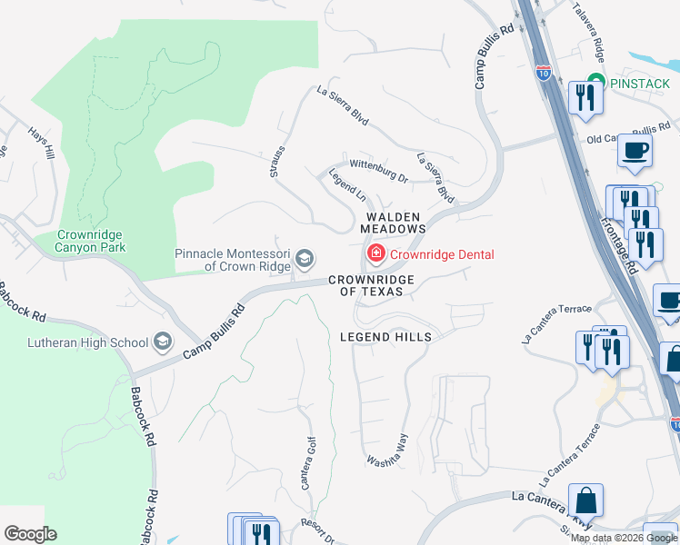 map of restaurants, bars, coffee shops, grocery stores, and more near 6919 Camp Bullis Road in San Antonio