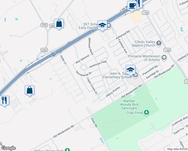 map of restaurants, bars, coffee shops, grocery stores, and more near 2552 Crusader Bend in Schertz