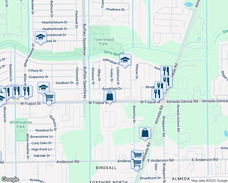 map of restaurants, bars, coffee shops, grocery stores, and more near 14614 Insley Street in Houston