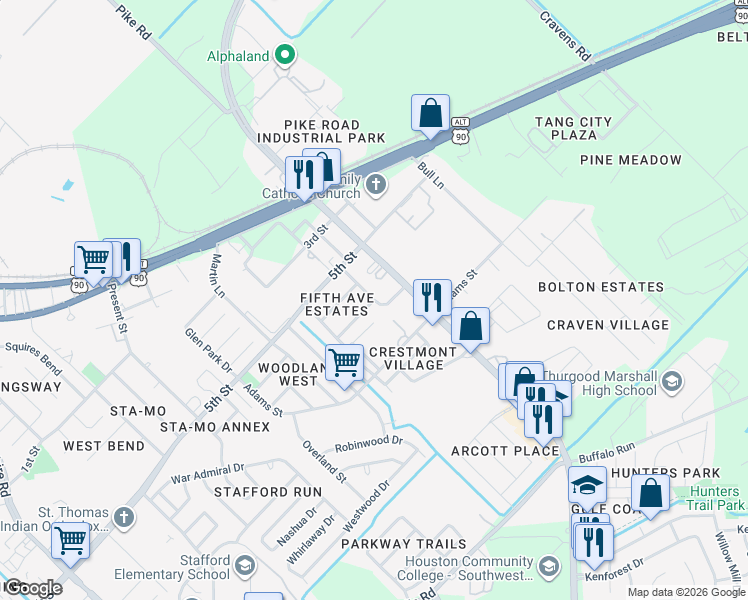 map of restaurants, bars, coffee shops, grocery stores, and more near Pamela Lane in Missouri City
