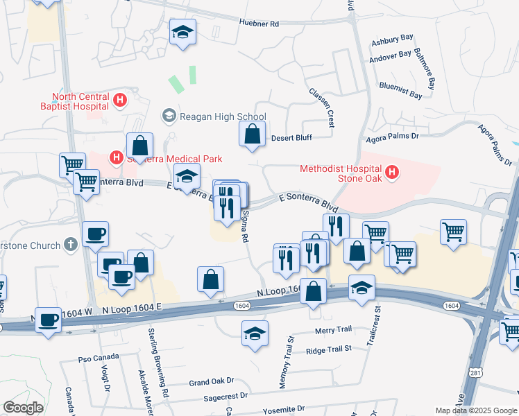 map of restaurants, bars, coffee shops, grocery stores, and more near 900 East Sonterra Boulevard in San Antonio