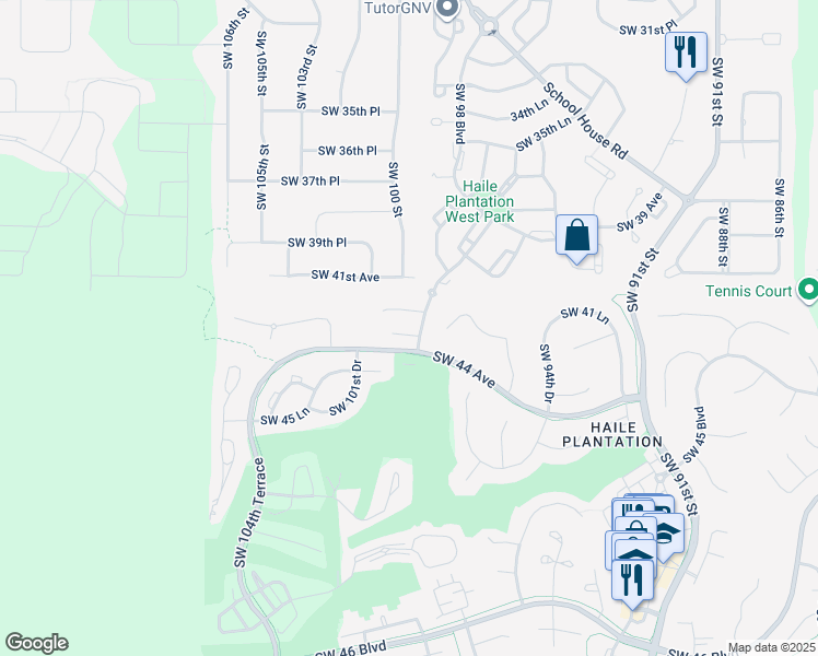 map of restaurants, bars, coffee shops, grocery stores, and more near 9909 Southwest 42nd Road in Gainesville