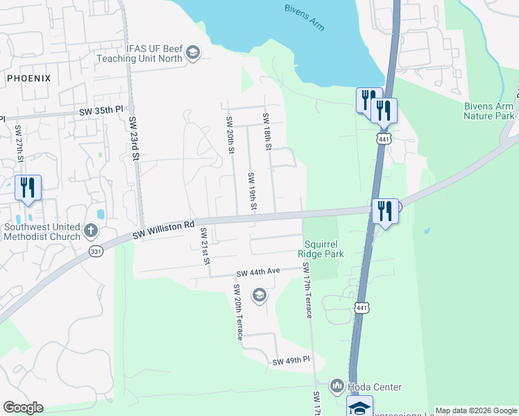 map of restaurants, bars, coffee shops, grocery stores, and more near 1918 Southwest Williston Road in Gainesville