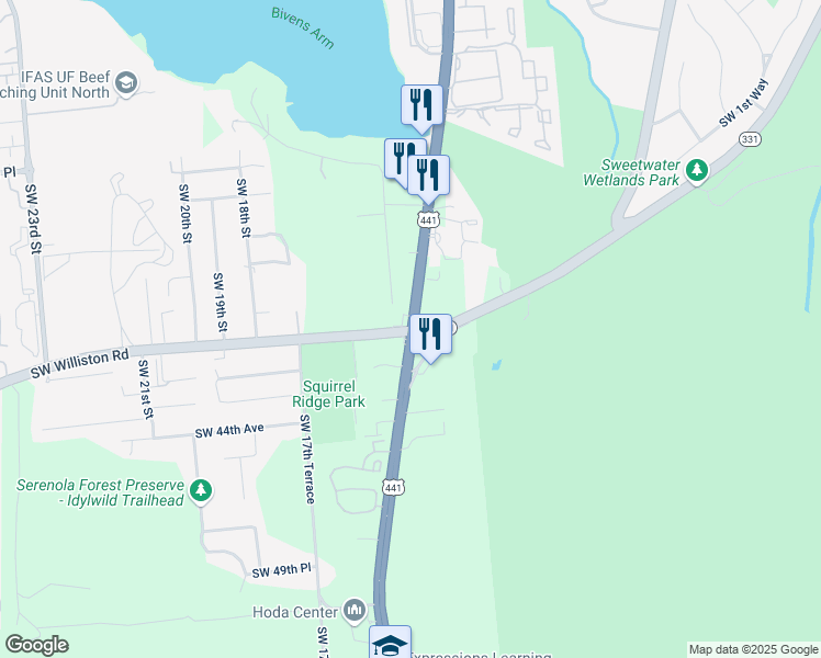 map of restaurants, bars, coffee shops, grocery stores, and more near SW 13th St & SE Williston Rd in Gainesville