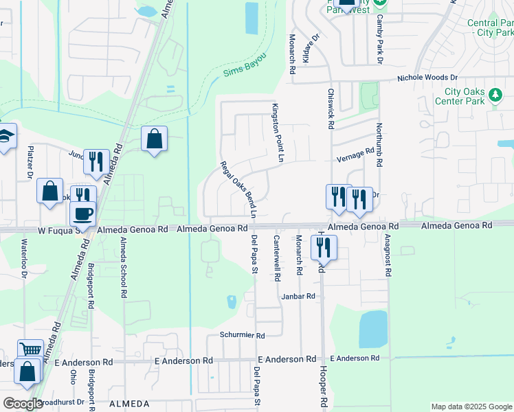 map of restaurants, bars, coffee shops, grocery stores, and more near 807 Heatherton Hill Lane in Houston