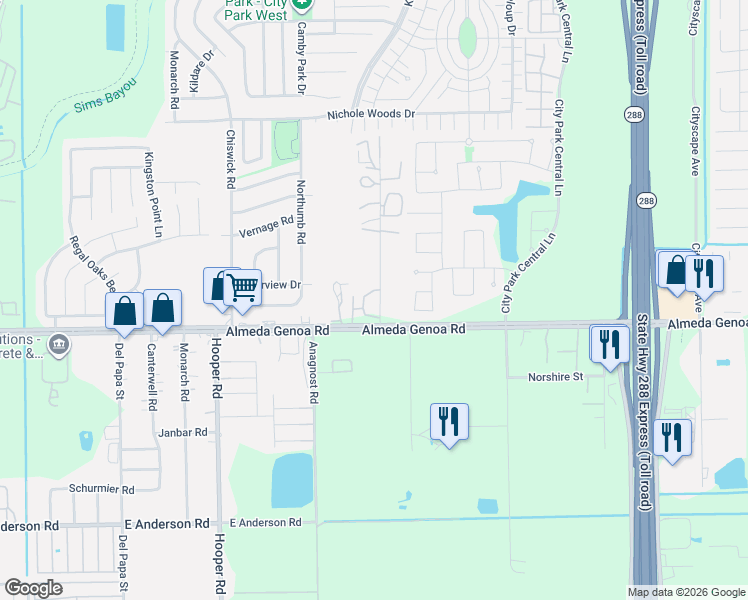 map of restaurants, bars, coffee shops, grocery stores, and more near 1515 Almeda-Genoa Road in Houston