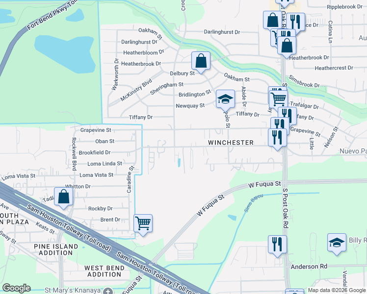 map of restaurants, bars, coffee shops, grocery stores, and more near 6011 Brookfield Drive in Houston