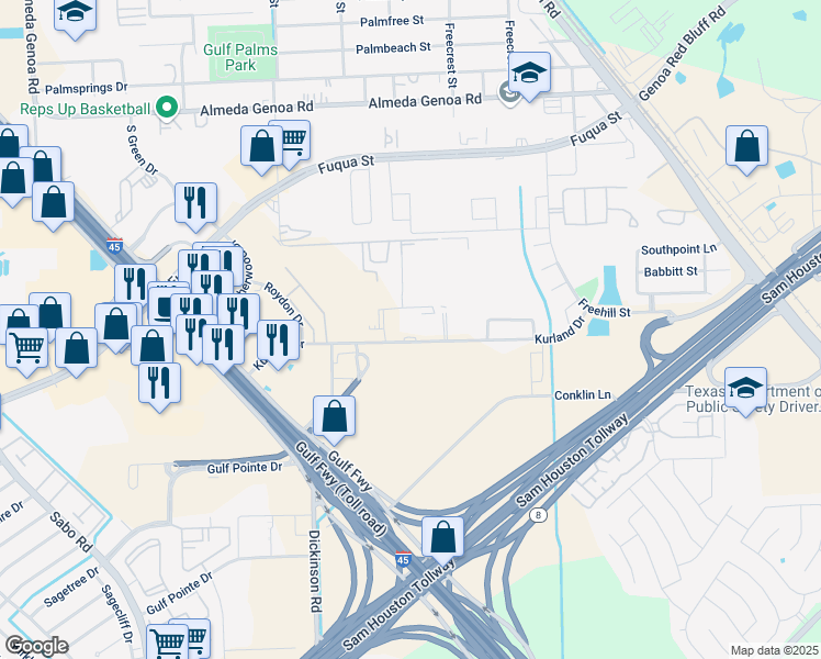 map of restaurants, bars, coffee shops, grocery stores, and more near 12301 Kurland Drive in Houston