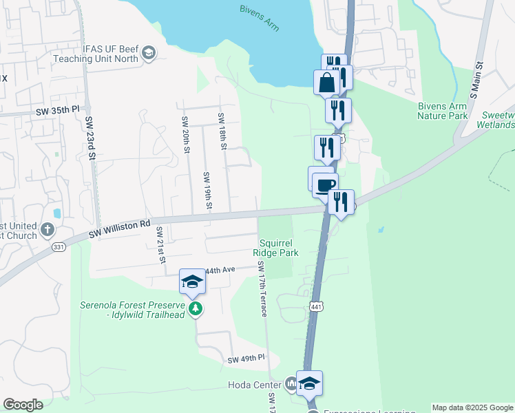 map of restaurants, bars, coffee shops, grocery stores, and more near Southwest 17th Street in Gainesville