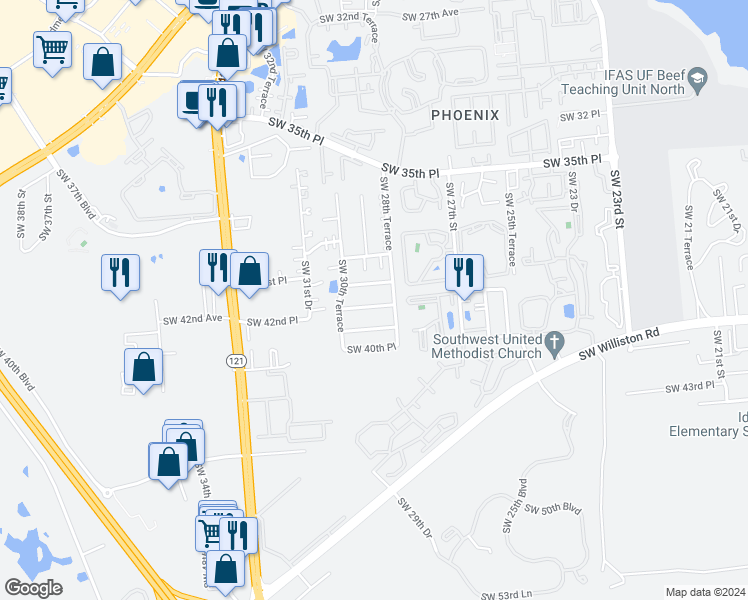 map of restaurants, bars, coffee shops, grocery stores, and more near 2862 Southwest 39 Avenue in Gainesville