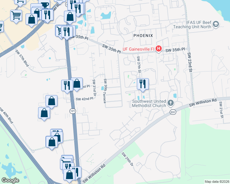 map of restaurants, bars, coffee shops, grocery stores, and more near 2913 Southwest 39 Avenue in Gainesville