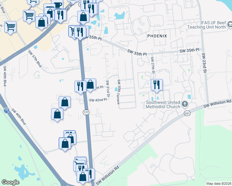 map of restaurants, bars, coffee shops, grocery stores, and more near 3902 Southwest 30th Terrace in Gainesville