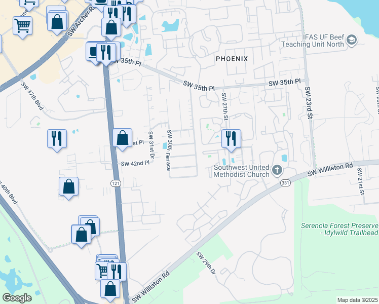 map of restaurants, bars, coffee shops, grocery stores, and more near 2844 Southwest 39 Avenue in Gainesville