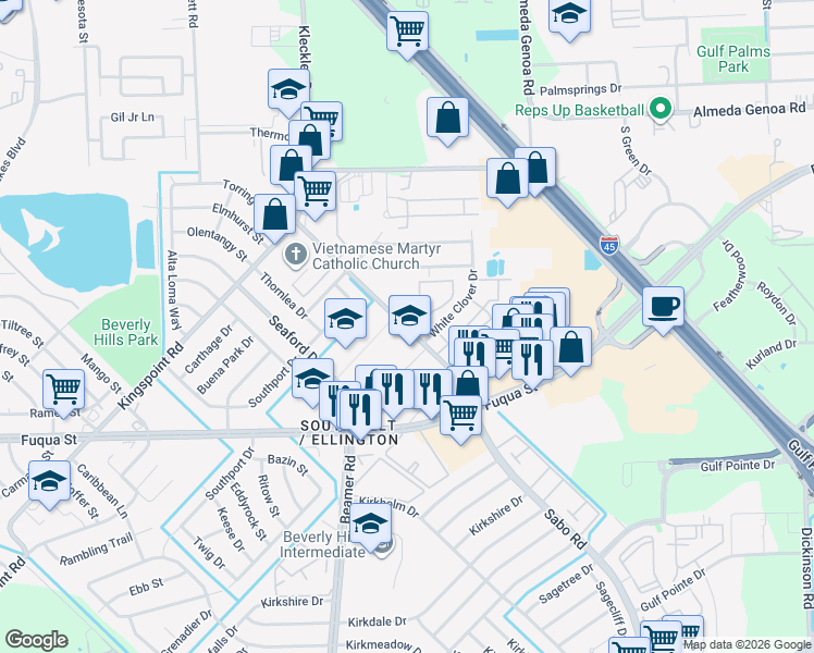map of restaurants, bars, coffee shops, grocery stores, and more near 10620 Sabo Road in Houston