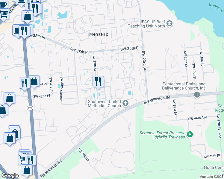 map of restaurants, bars, coffee shops, grocery stores, and more near 3936 Southwest 26th Terrace in Gainesville