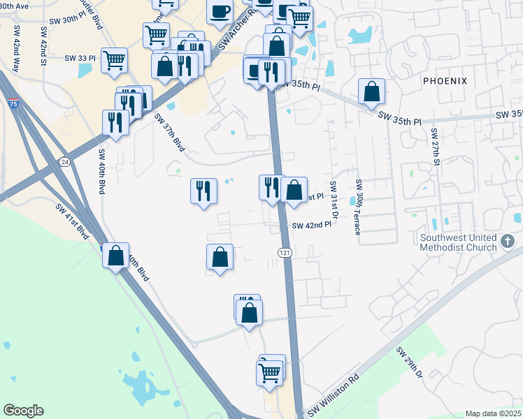 map of restaurants, bars, coffee shops, grocery stores, and more near 3456 Southwest 42nd Avenue in Gainesville