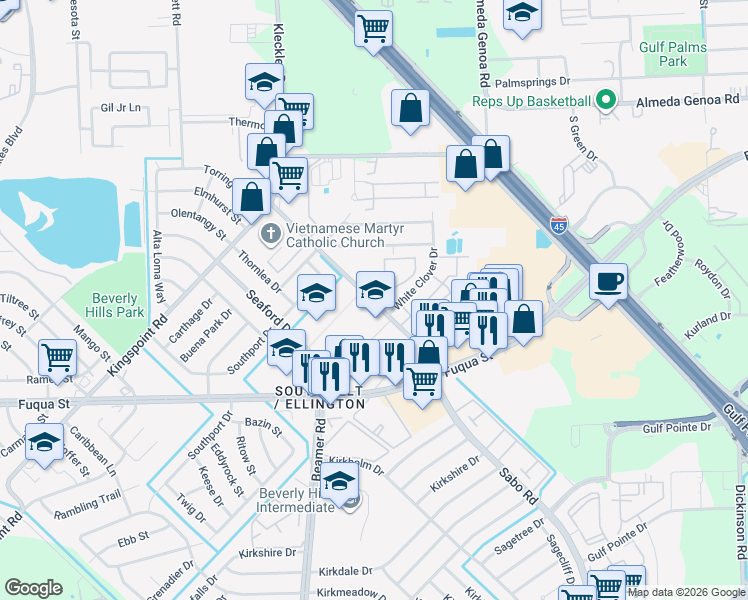 map of restaurants, bars, coffee shops, grocery stores, and more near 10620 Sabo Road in Houston